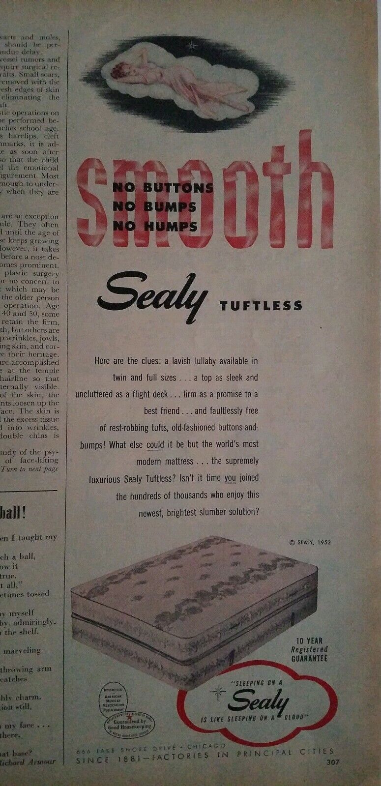 1952 pink Sealy tuftless bed mattress no buttons bumps humps vintage ad