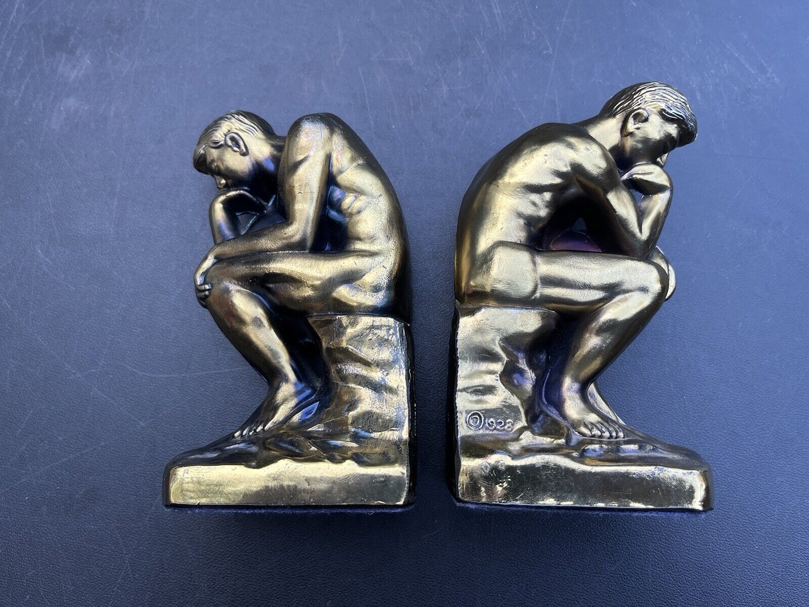 Vintage 1928 Statue THE THINKER Thinking Man Metal Brass Bronze Finish Bookends