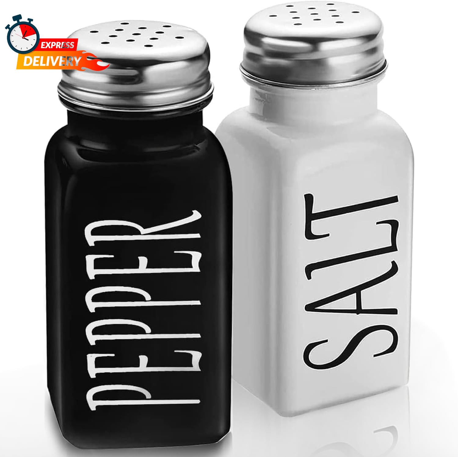 Salt and Pepper Shakers Set - Cute Salt Shakers - Vintage Glass Black and White 