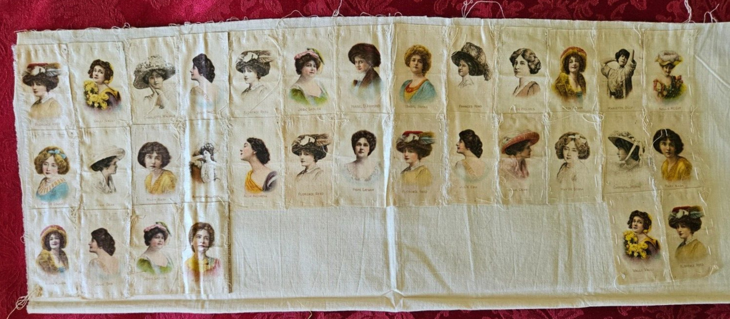 Lot of 32 Old Mill Actress Tobacco Silks hand sewn on a block of Fabric