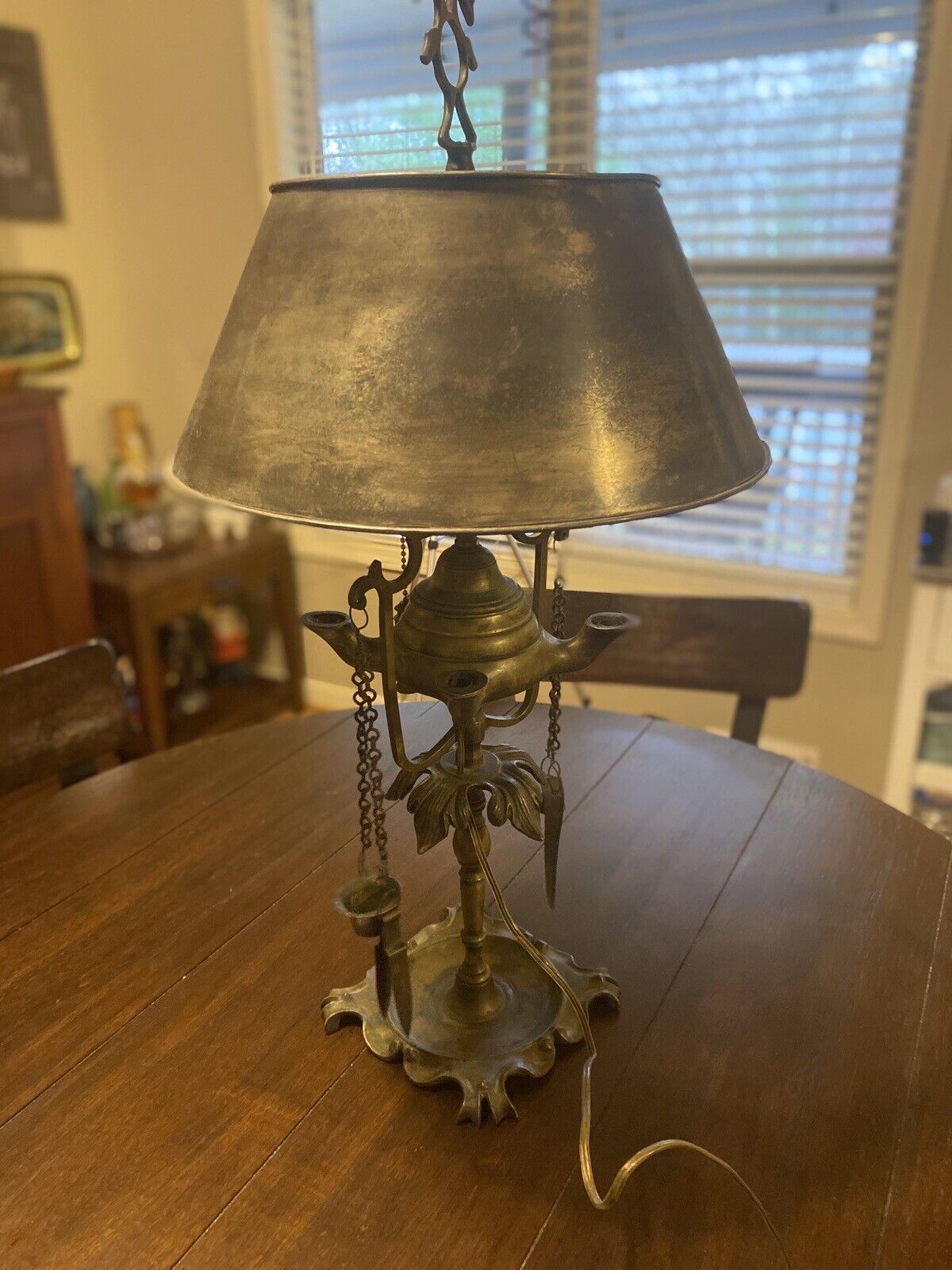 ANTIQUE BRASS LUCERNE WHALE OIL LAMP 4 BURNER w/TOOLS CONVERTED TO ELECTRIC