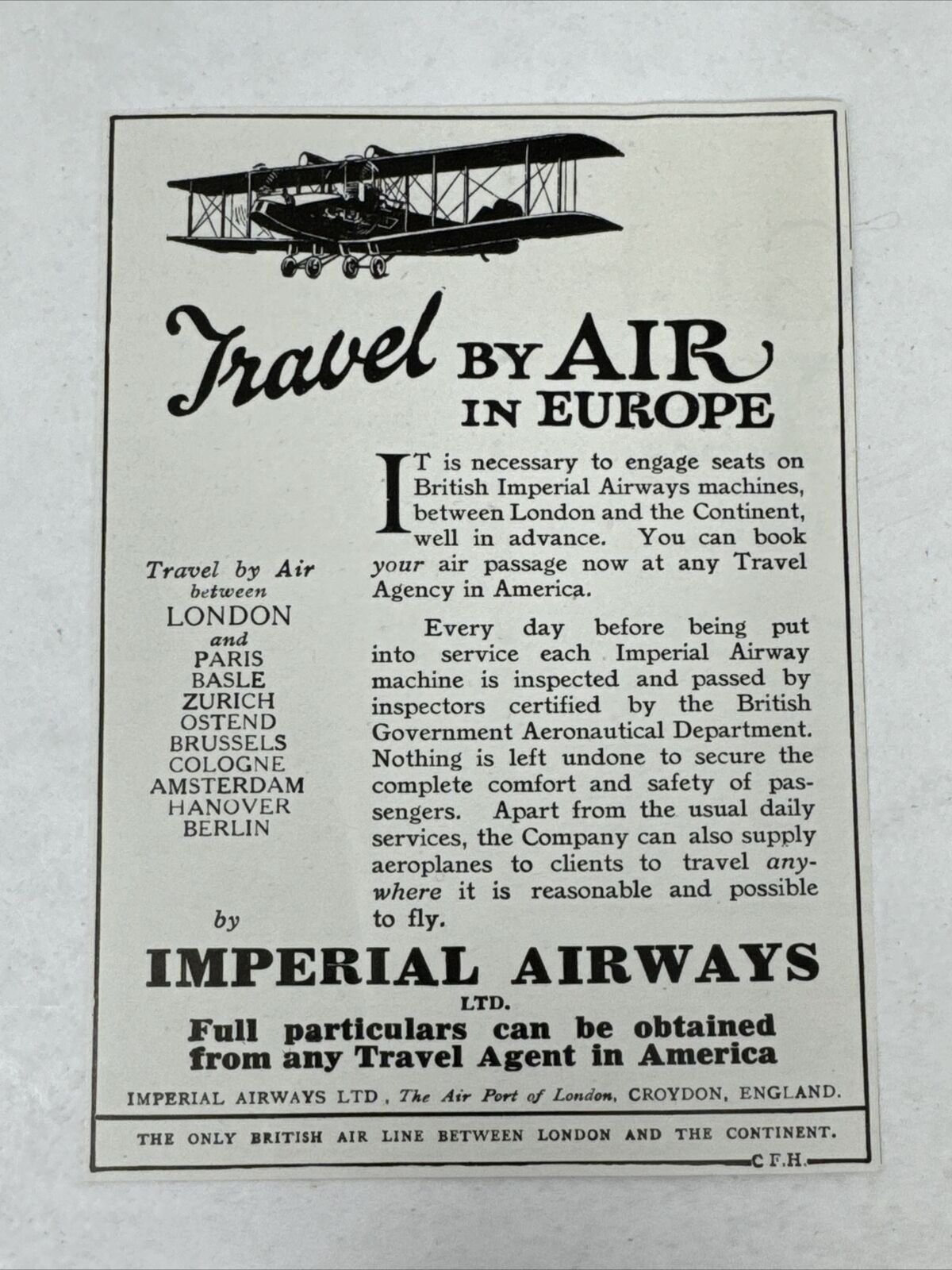 1925 Imperial Airways Print Ad Plane British Air Line Europe Antique Travel