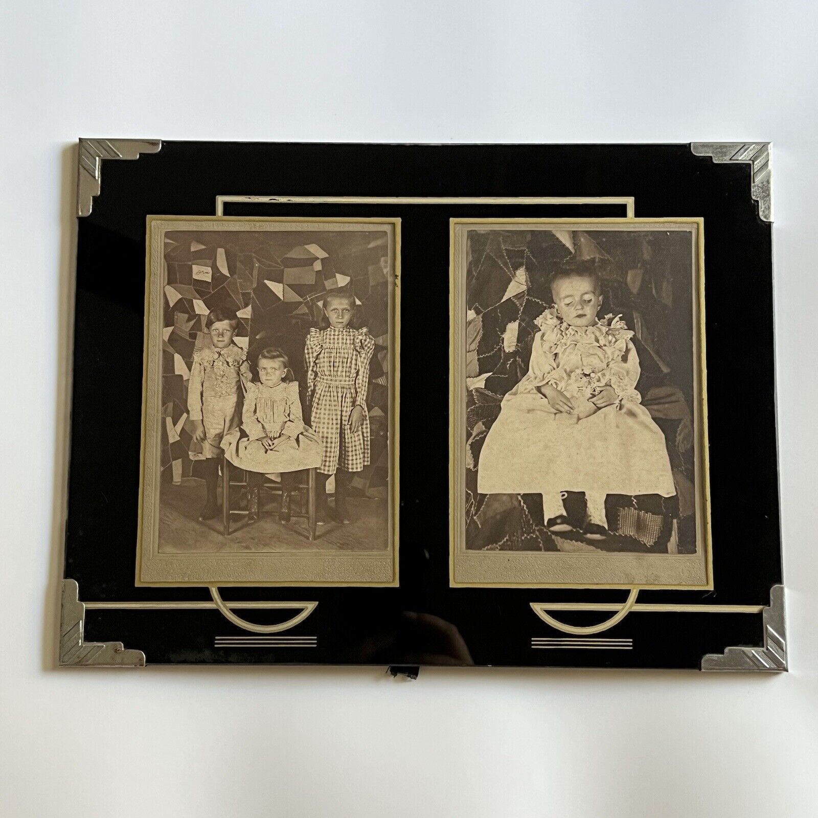 Antique Cabinet Card Photograph Post Mortem Girl & Siblings Same Quilt Framed