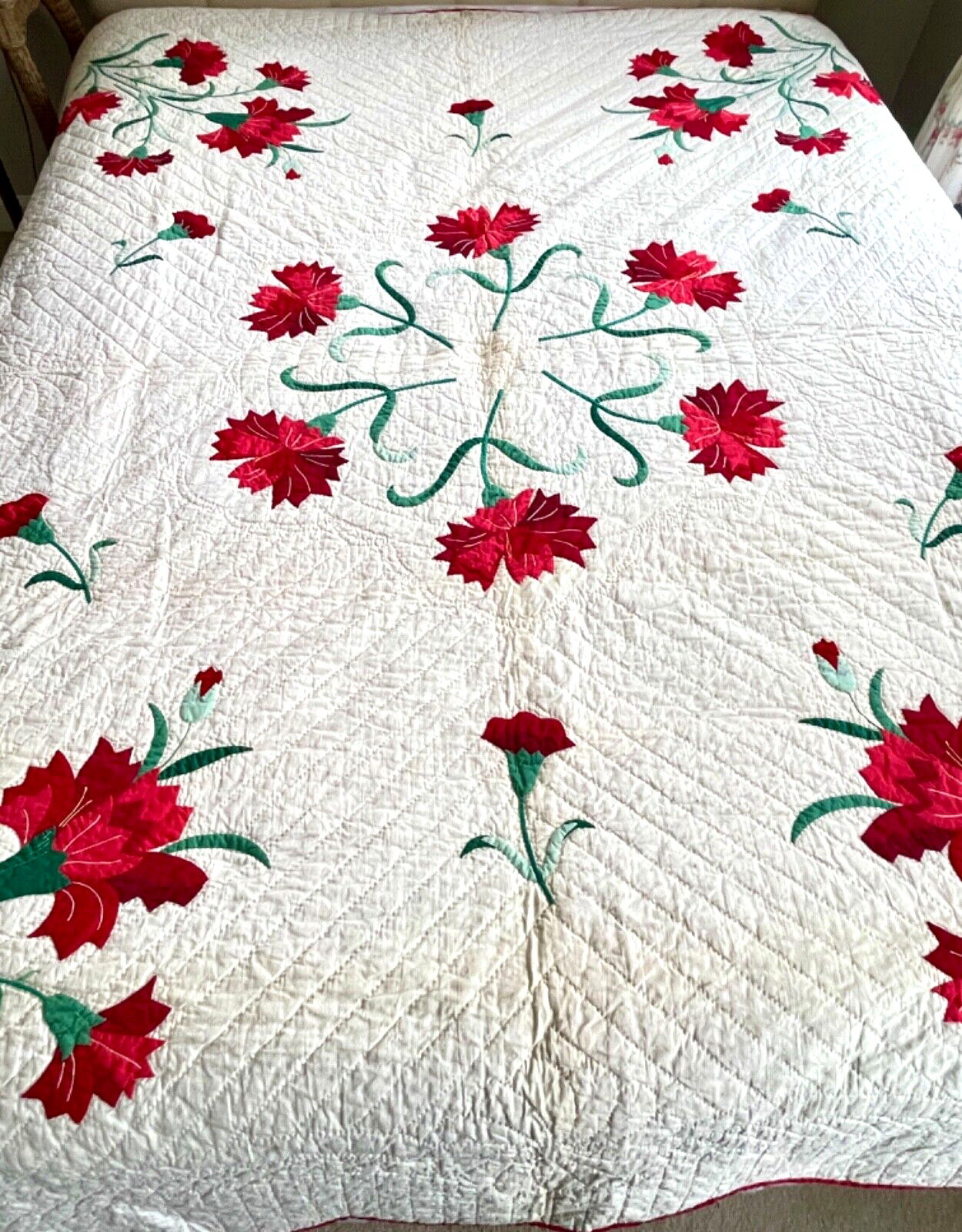 Vintage Hand Made Applique Red Flower Quilt YY909