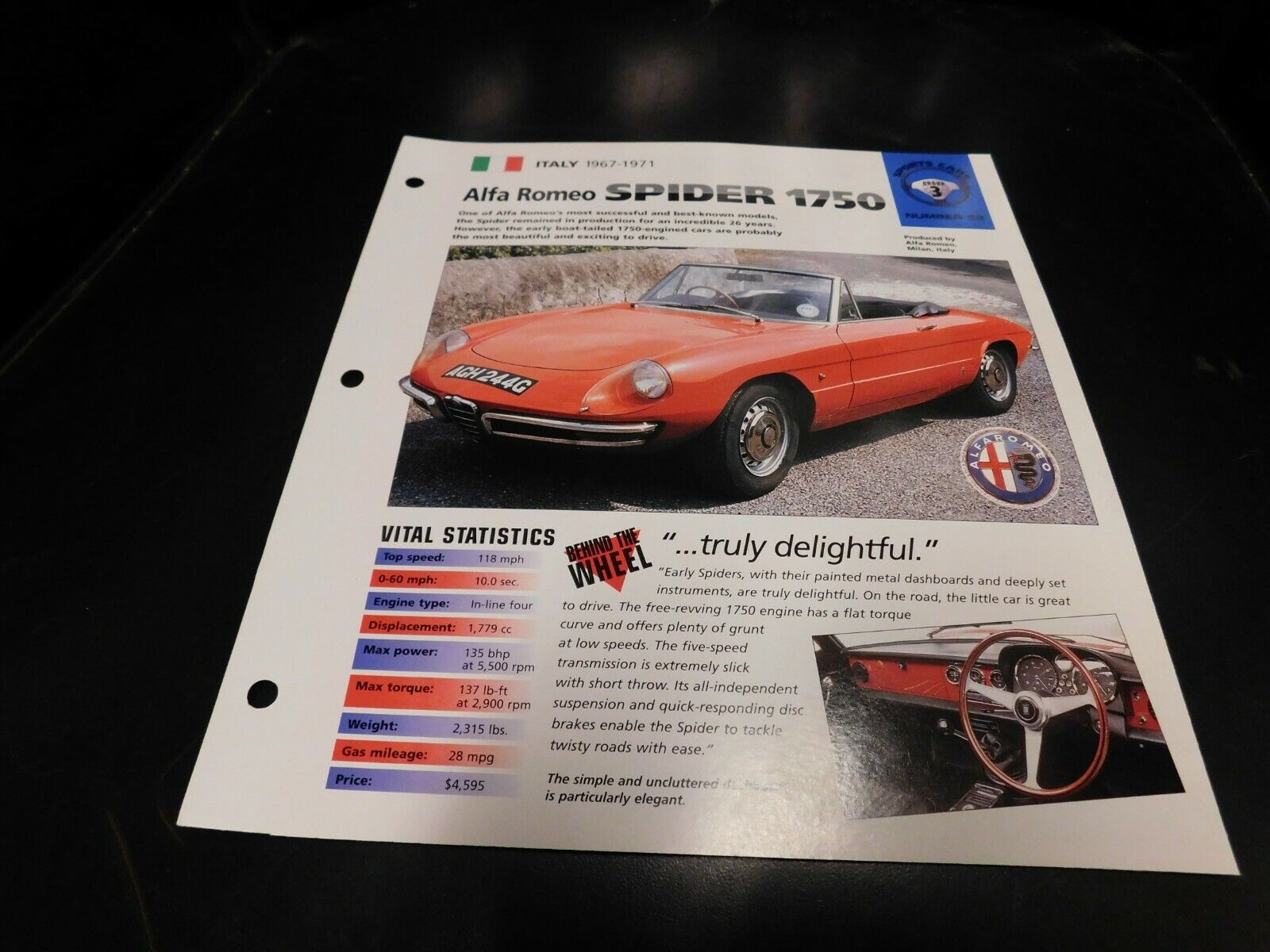 1967-1971 Alfa Romeo Spider 1750 Spec Sheet Brochure Photo Poster 