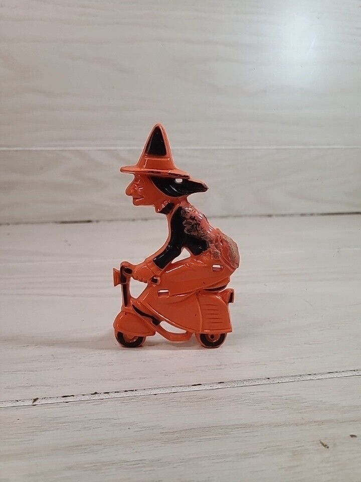 Vintage Halloween Witch On Scooter Hard Plastic Cake Topper Decoration