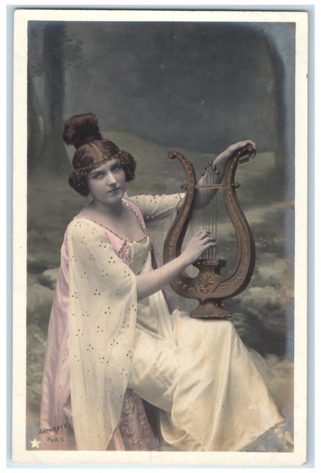 c1905 Pretty Woman Playing Lyre Studio RPPC Photo Unposted Antique Postcard