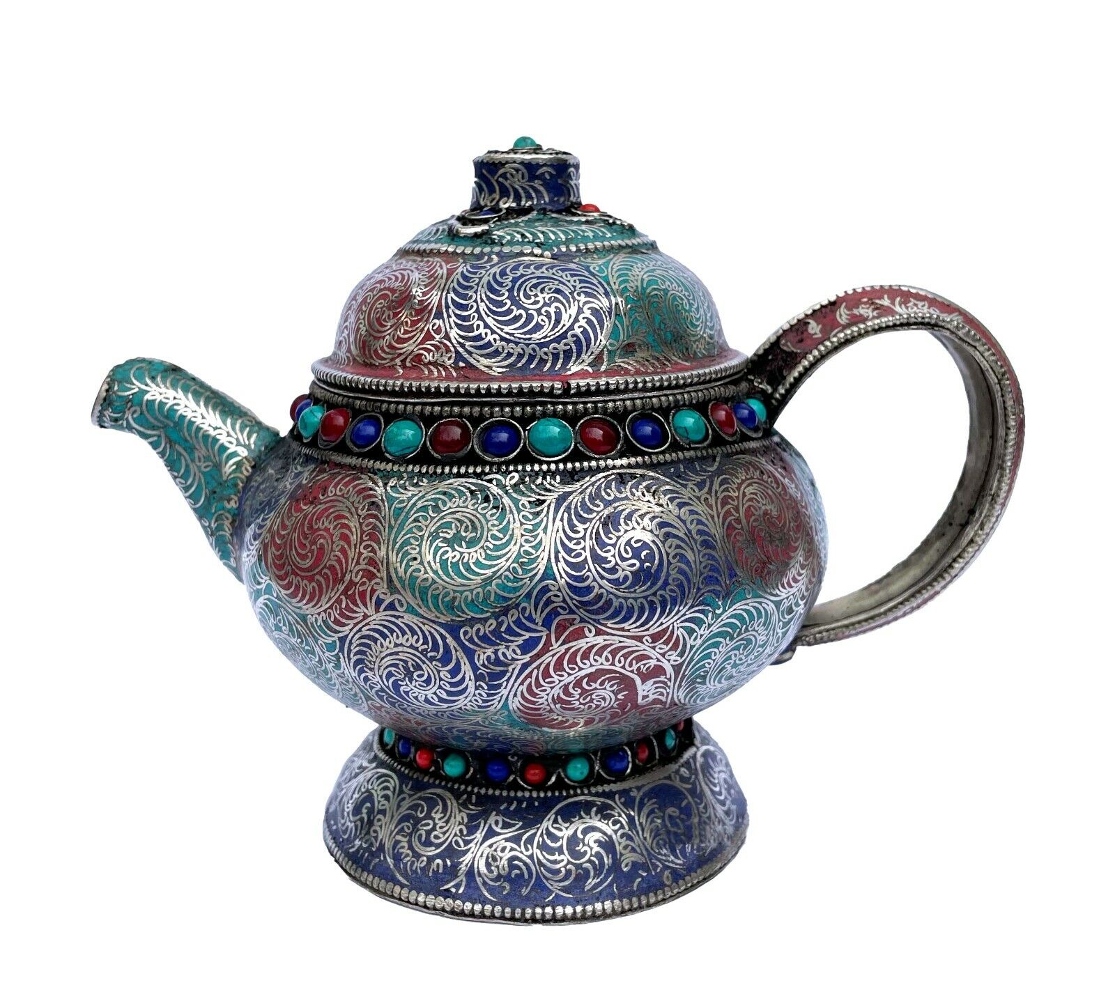Tibetan Turquoise Coral Stone Tea Pot Kettle Water Metal Vessel Buddhist Nepal