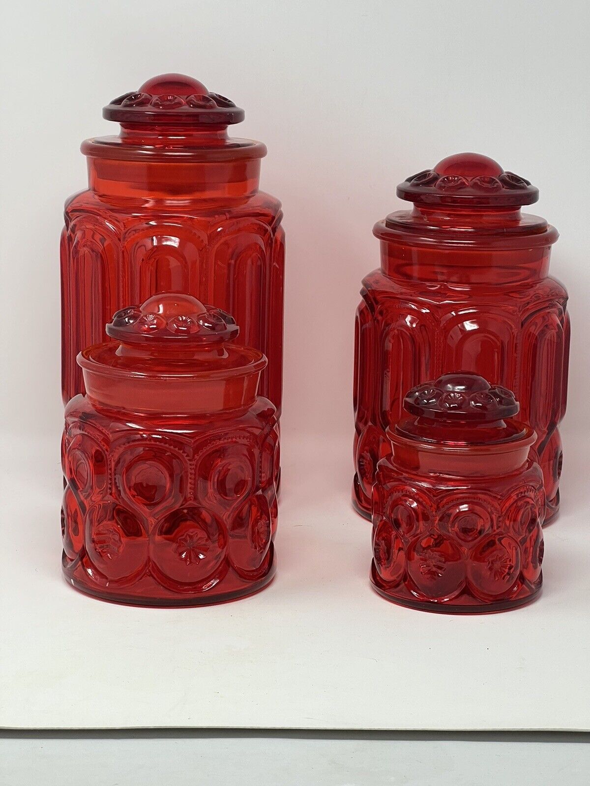 L E Smith Glass Canisters Moon & Star Red/Amberina Complete Set Vtg