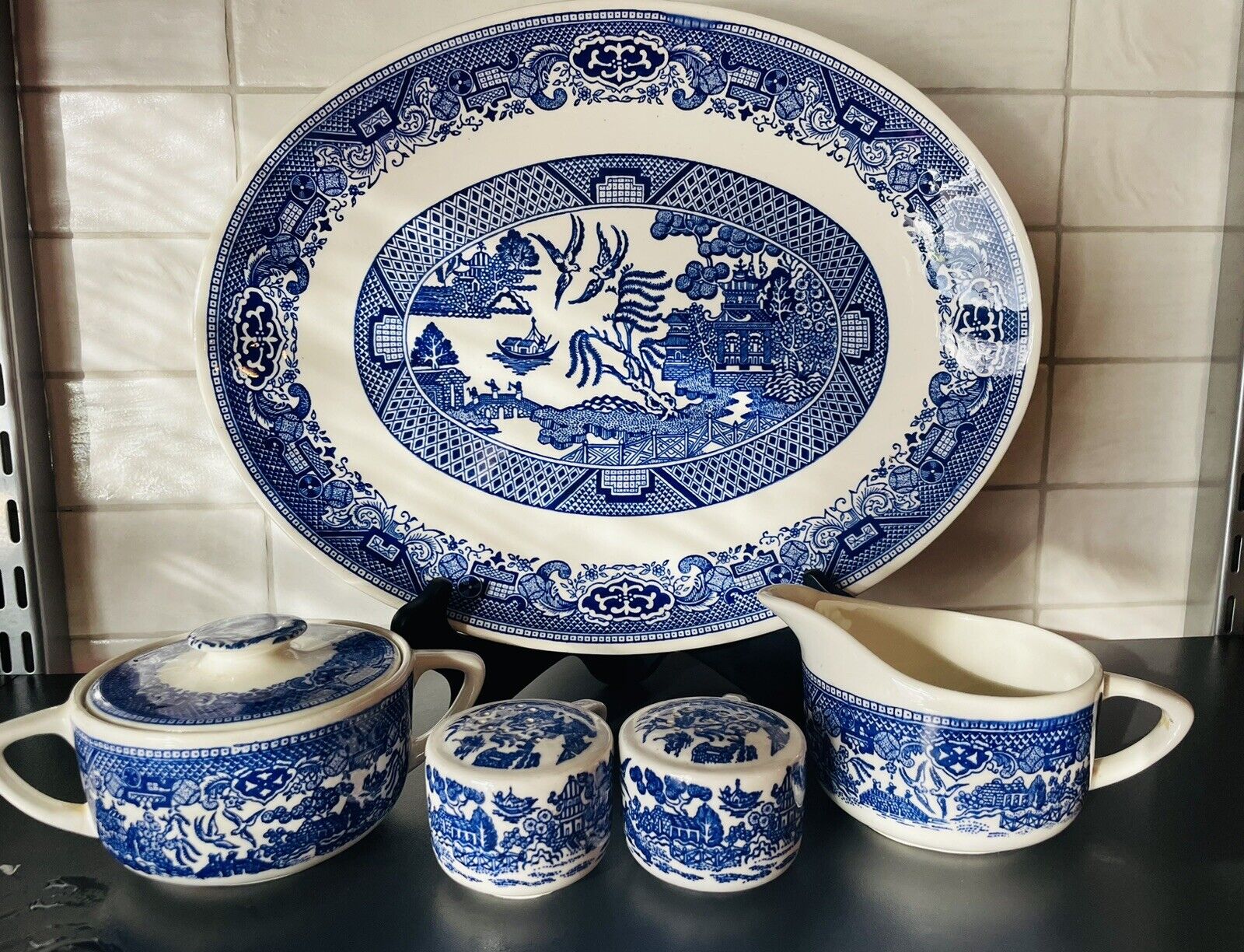 Vintage Blue Willow Ware Royal China Sugar Bowl w/ Lid & Creamer , S&P, Platter