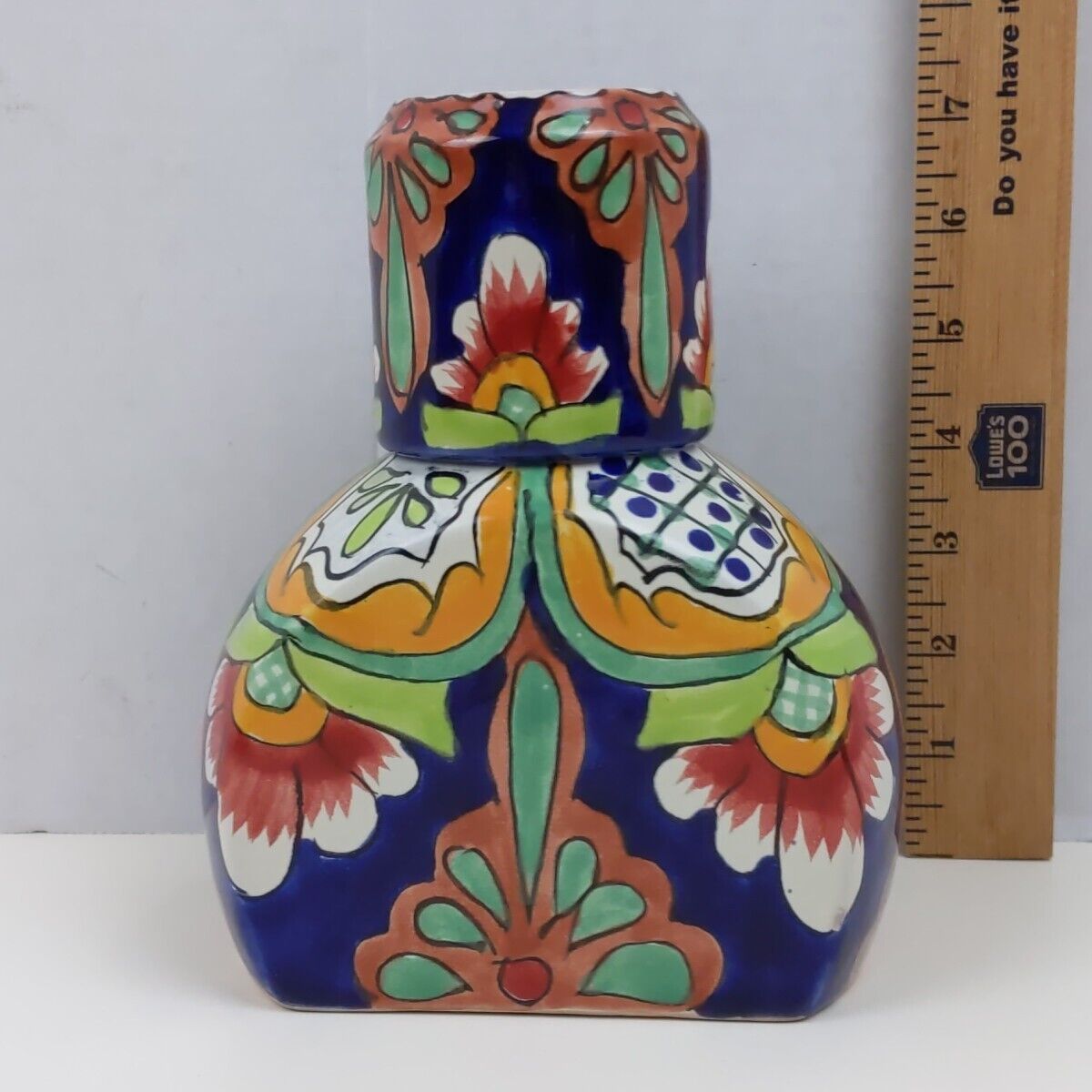 Talavera Tumble Up Mexico Pottery Hand Painted Folk Art Water Carafe & Cup