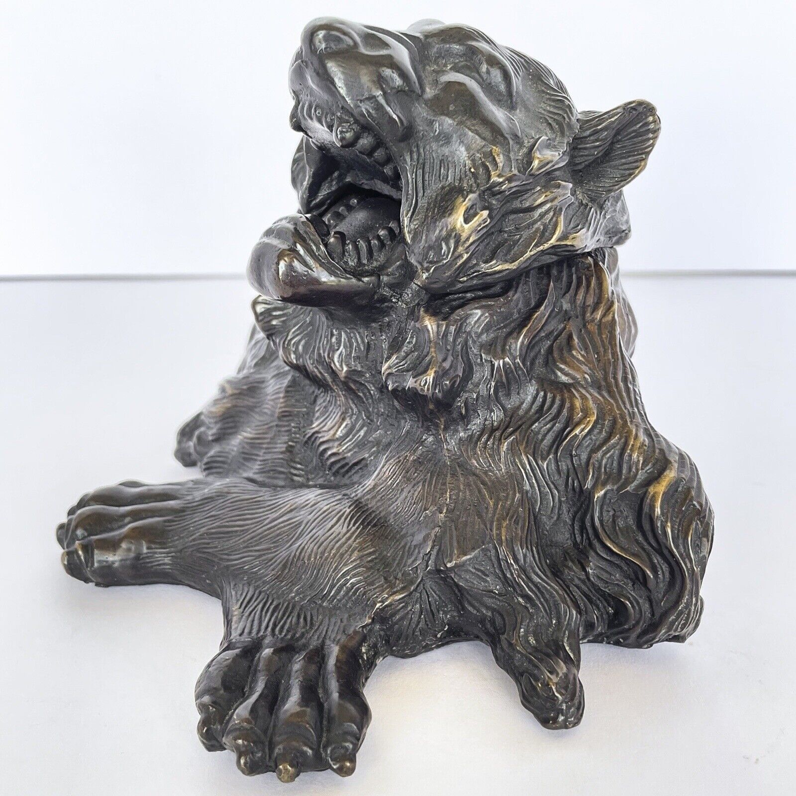 Antique Bronze Lion Inkwell ~ Figural Roaring Lion Open Mouth ~ Cat Stash Box