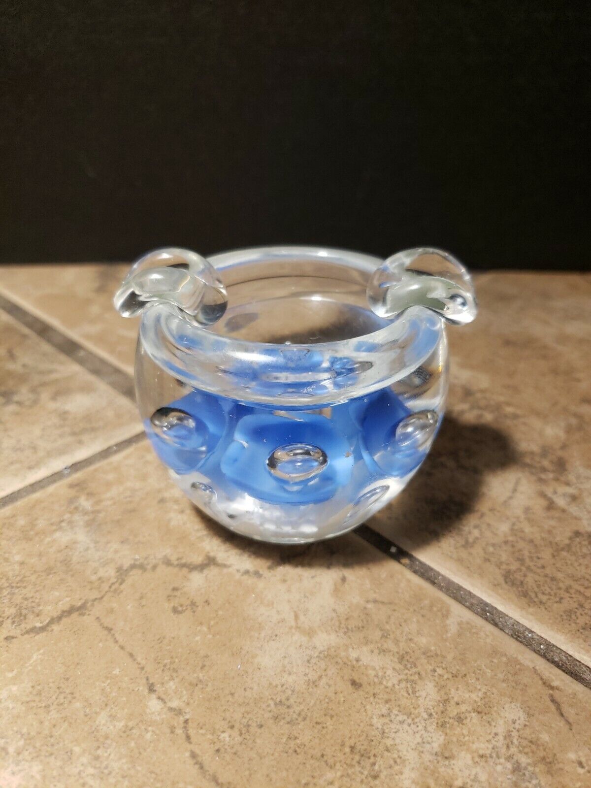 Joe Rice? Ashtray 1990 vinatage glass paperweight blue trumpet flowers  UNSIGNED