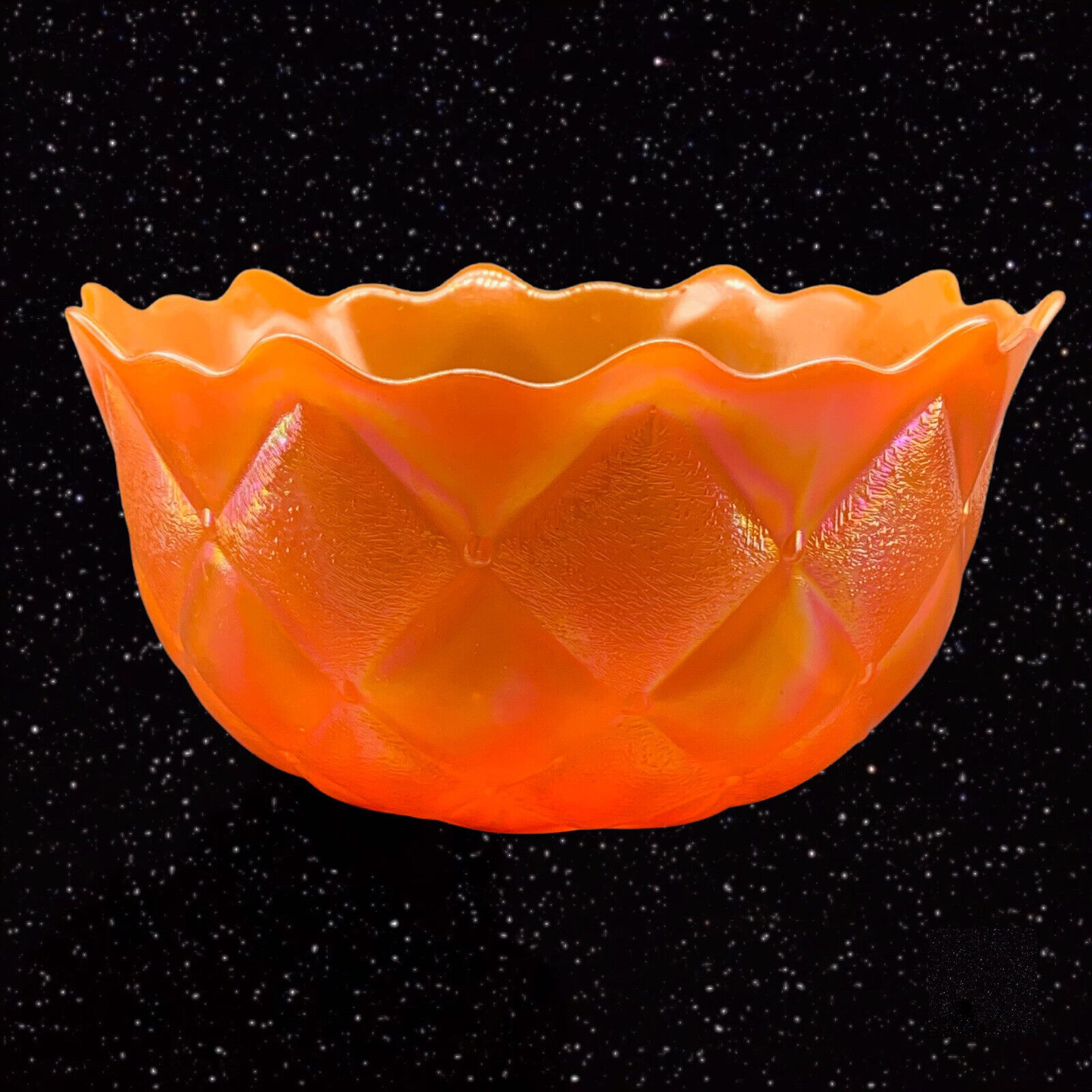 Vintage Iridescent Orange Diamond Quilt Glass Bowl 3.5”T 7”W
