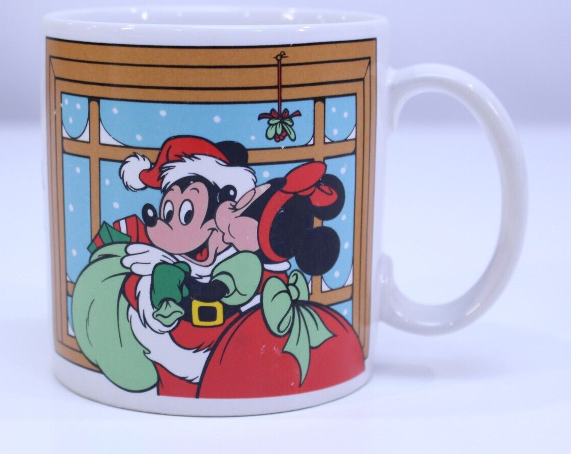 VTG 1988 Mug Applause Walt Disney Mickey Minnie Christmas Santa Dual Sided Kiss
