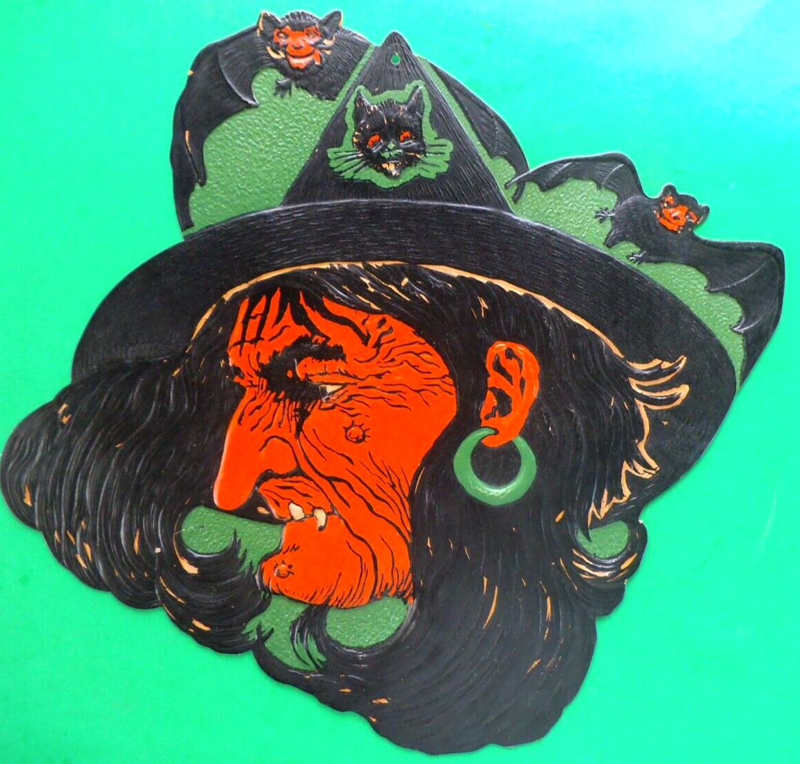 Vintage 1930\'s Beistle Die Cut Embossed Cardboard Halloween SCARY WITCH FACE USA