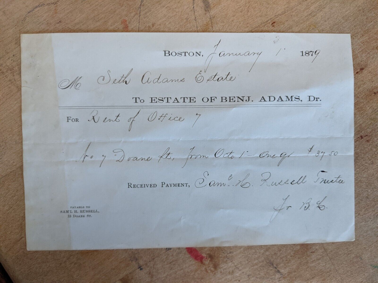 1879 Boston Receipt Of Payment For The Estate Of Benjamin Adams Dr