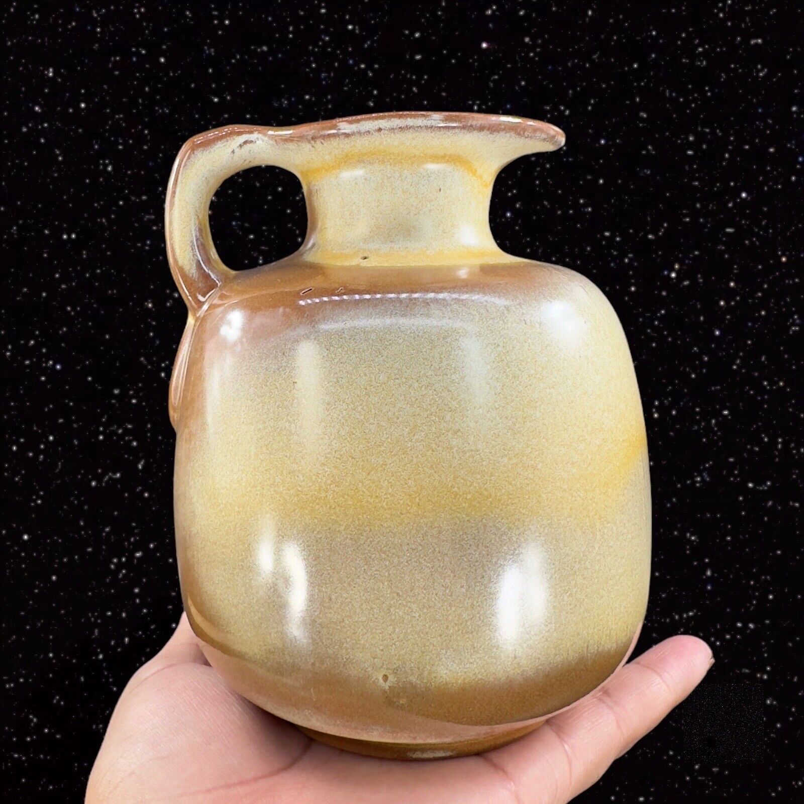 Vintage Frankoma Pottery Ceramic Pitcher Jug Hand Made Brown Yellow Glaze VTG