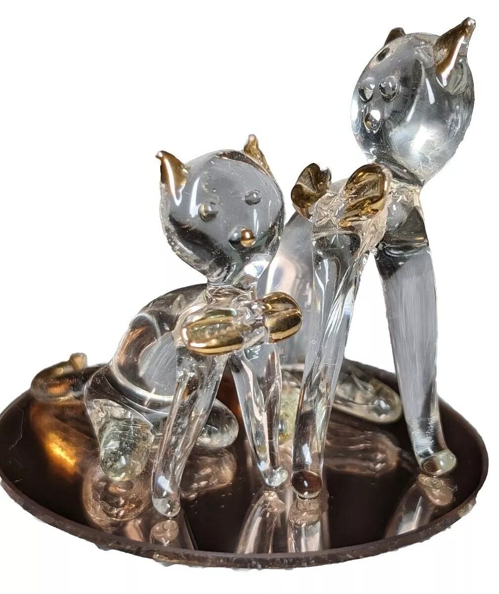 Vintage DURA-BEST Creations Handblown Glass Kitty Cats Gold Accents On Mirror 