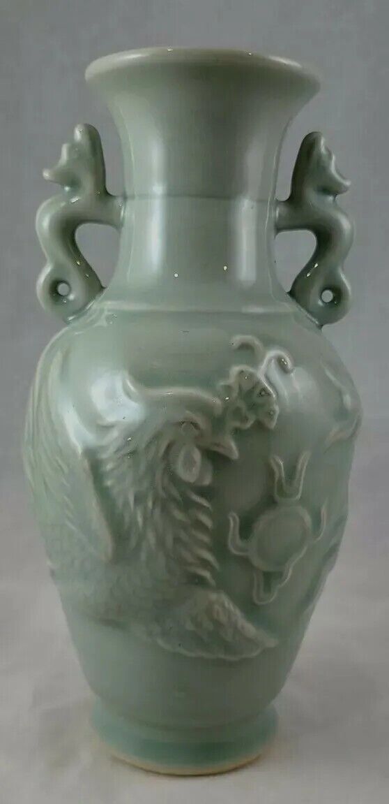 Vintage Longquan Style Celedon Phoenix Bird Of Paradise Vase