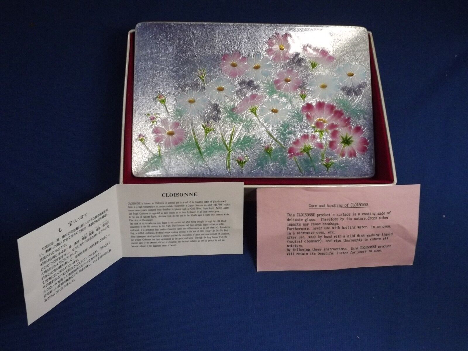 Vintage Japanese Wireless Cloisonné Tray, Spring Flowers 7”x 4.75” Original Box