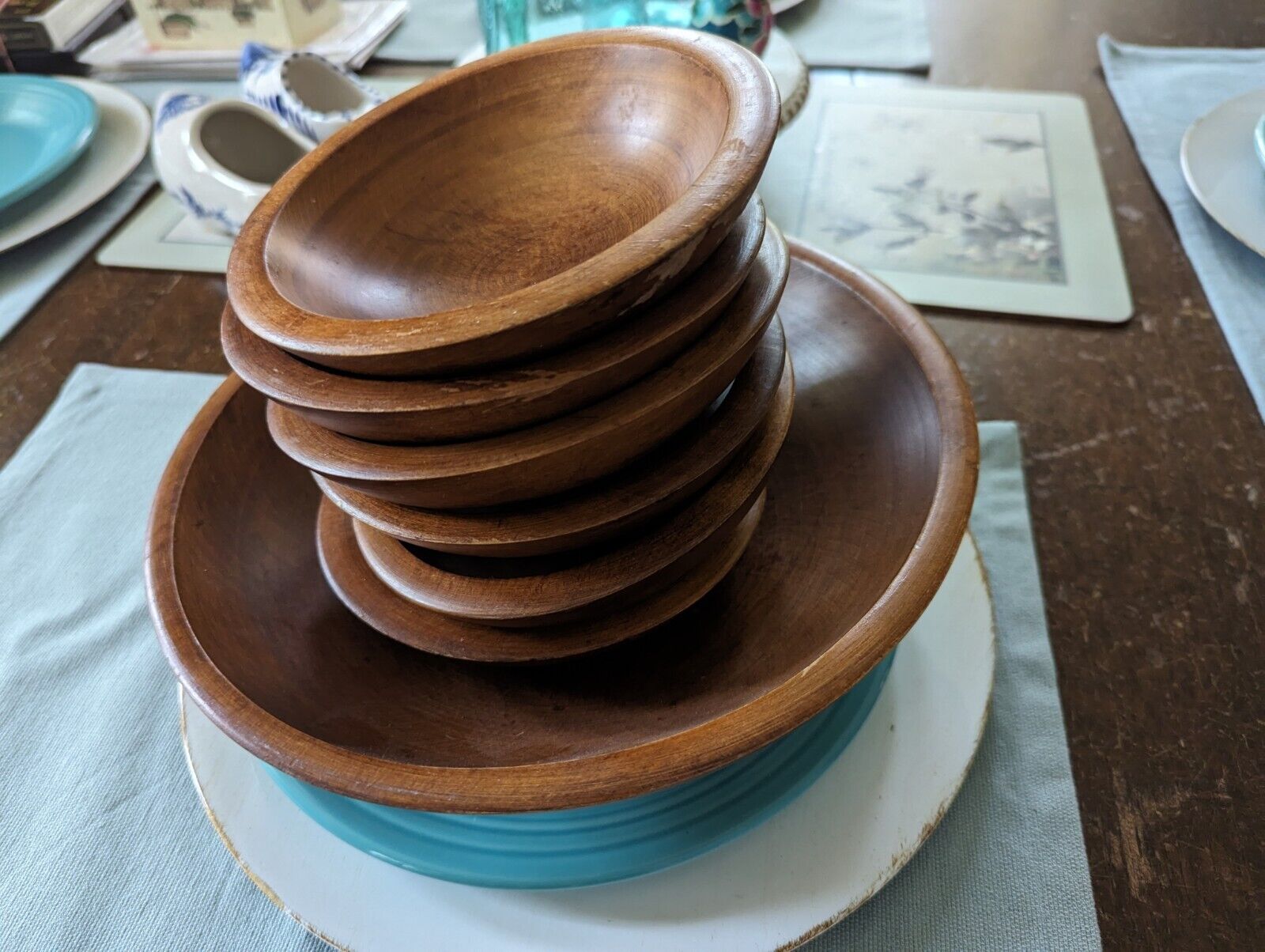 MCM Vintage Woodcroftery Wood Salad Mixing Serving Bowl Set 7 Piece Made in USA