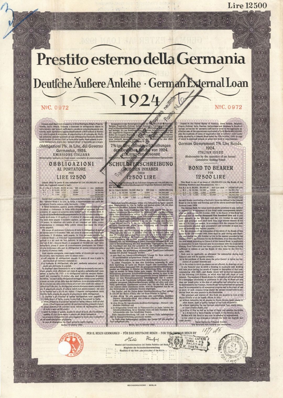 Prestito esterno della Germania - 1924 German Bond - Foreign Bonds