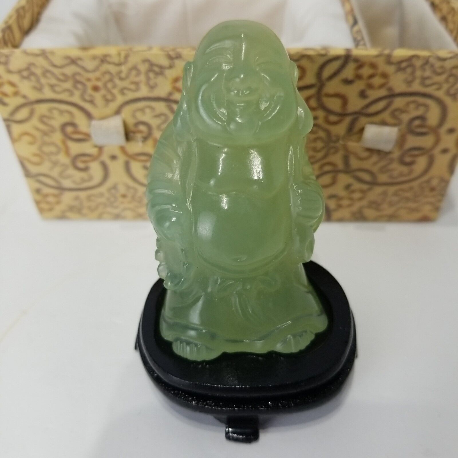 Green Jade Buddha Wood Stand Natural Hand Crafted Imported Vintage Gift NIB