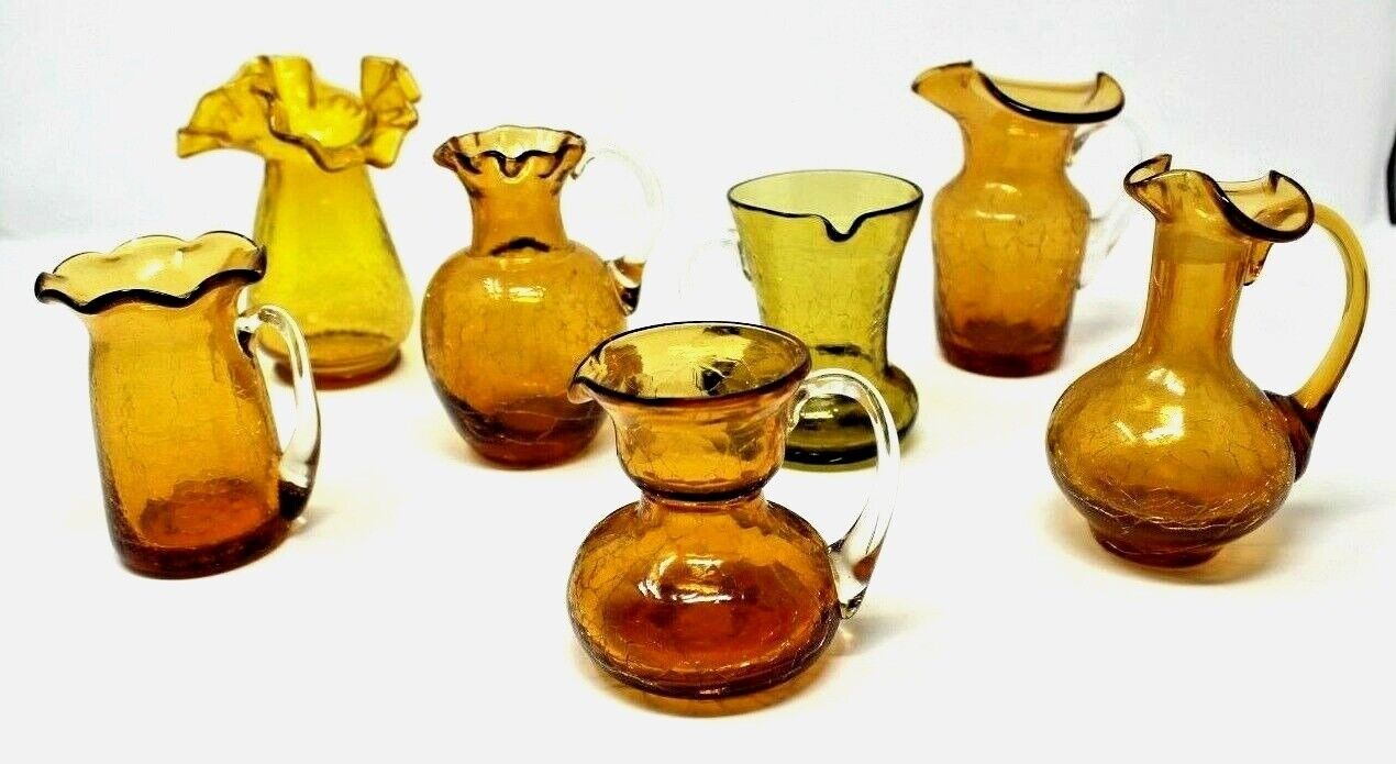 7 Pieces Amber Crackle Glass Pilgrim Kanawha and Others