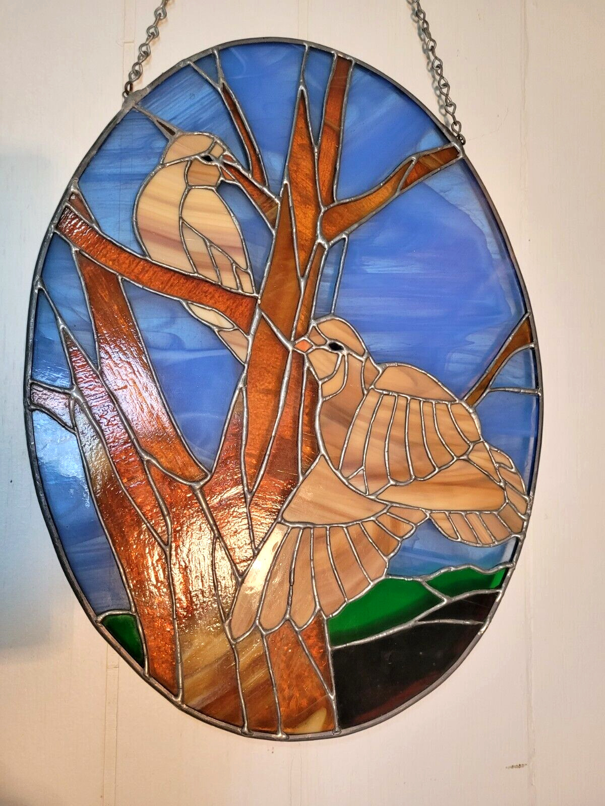 Beautiful Vtg. Stained Glass Window Hanging - Oval - 2 Birds Perched in a Tree