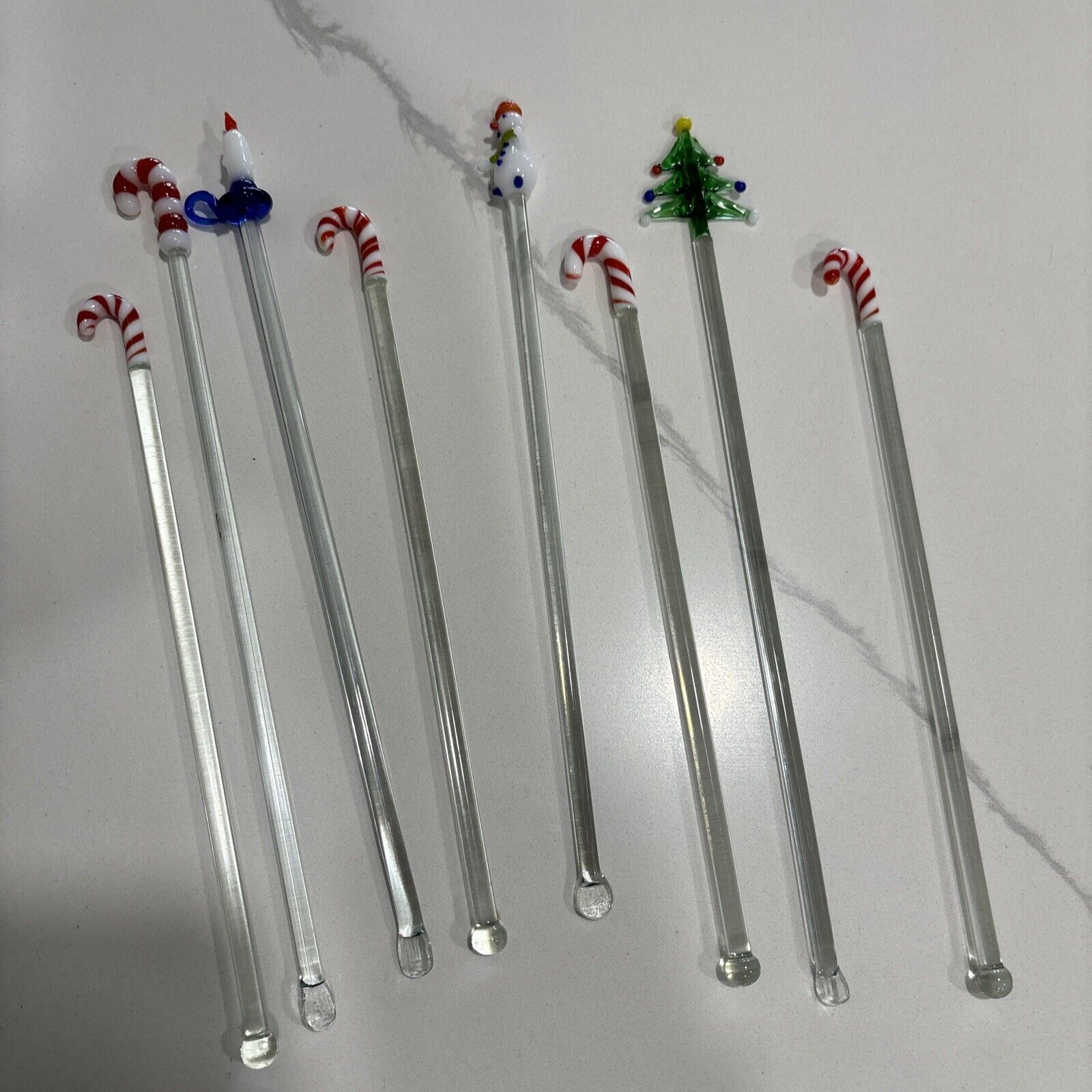 Lot Of 8 Vintage Christmas Tree,Snowman, Candle……Blown Glass Swizzle Sticks