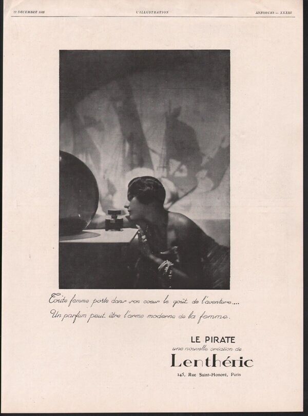 1928 LENTHERIC PERFUME PARIS PIRATE BOTTLE SEXY WOMAN PHOTO ILLUST BEAUTY 20795