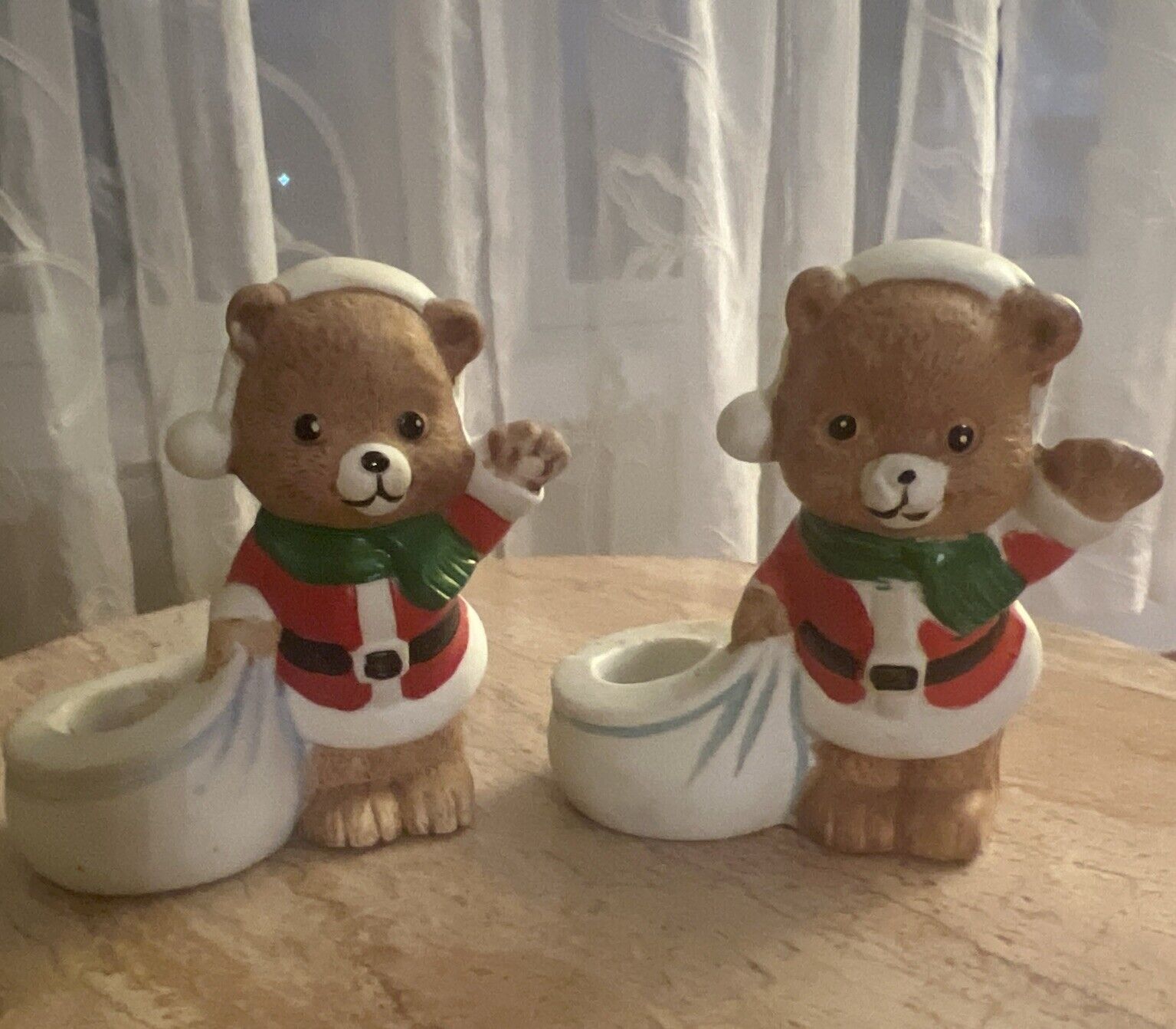JSNY Holiday Friends Teddy Bear Santa Candle Holders Porcelain Bisque Vtg Taiwan