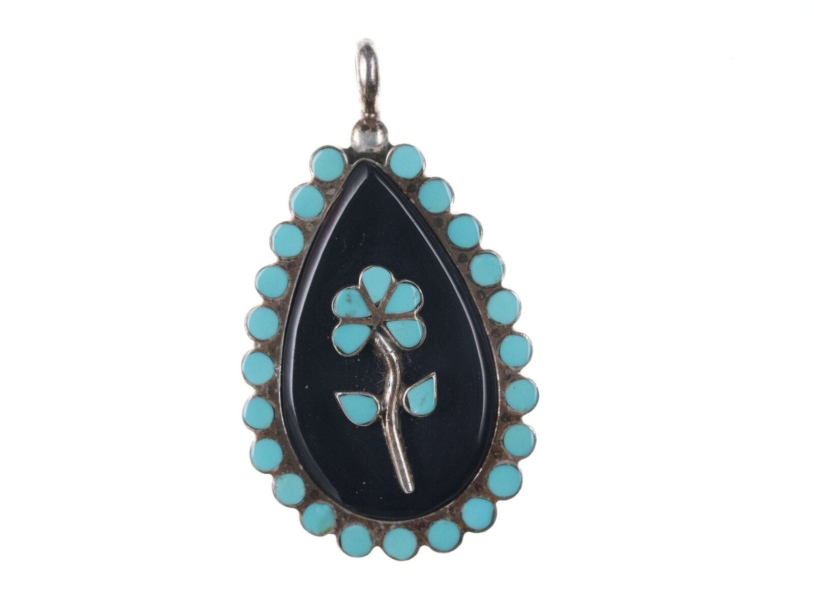 Vintage RL Zuni Sterling turquoise/onyx channel inlay pendant