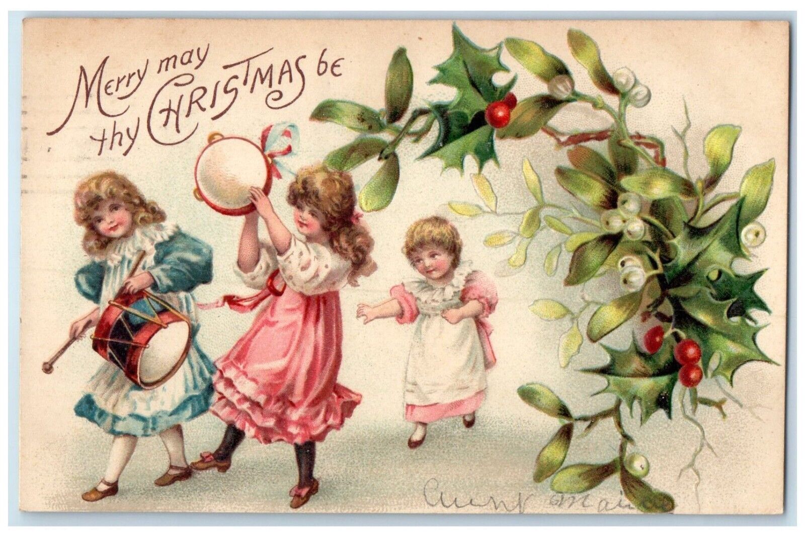1908 Christmas Jolly Children Dancing Drummer Berries Mistletoe Nash Postcard