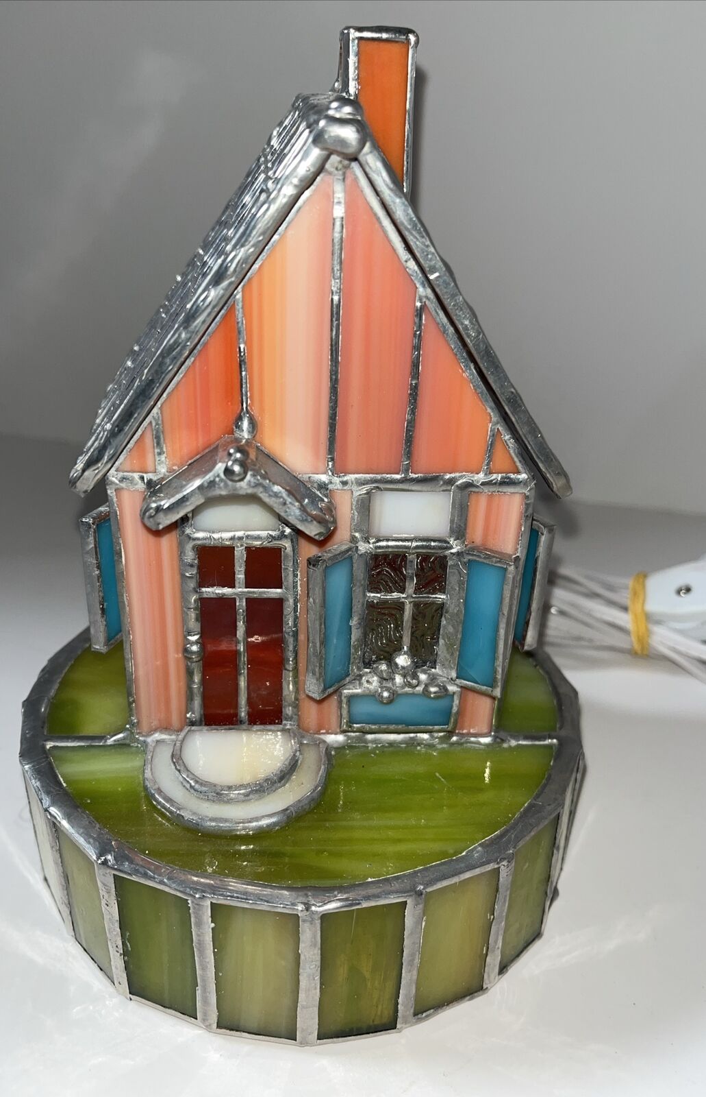 Vintage Stained Glass Night Light 7” Light Up House Cottage Decorative