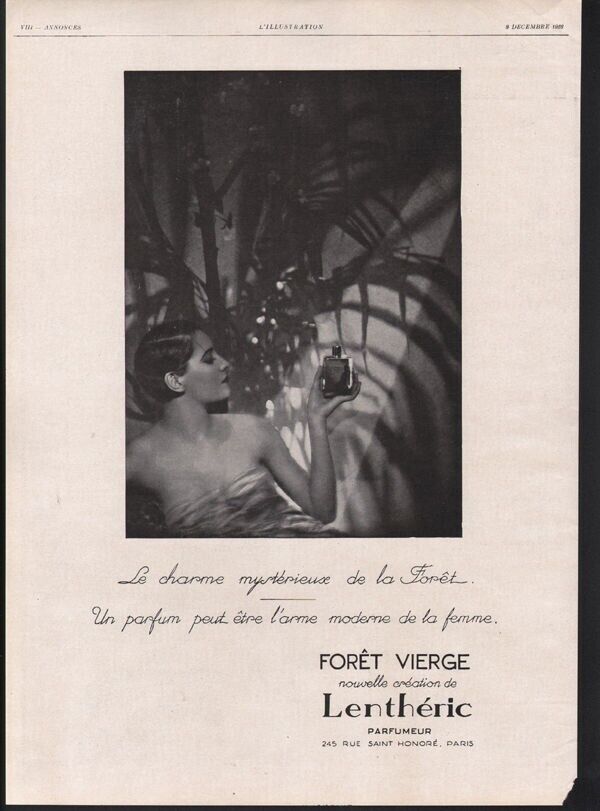 1928 LENTHERIC PERFUME PARIS FORET VIERGE  BOTTLE SEXY WOMAN PHOTO BEAUTY 20797