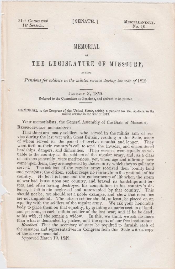 Resolutions of the Legislature of Missouri 1850 War of 1812 Soldier Pensions