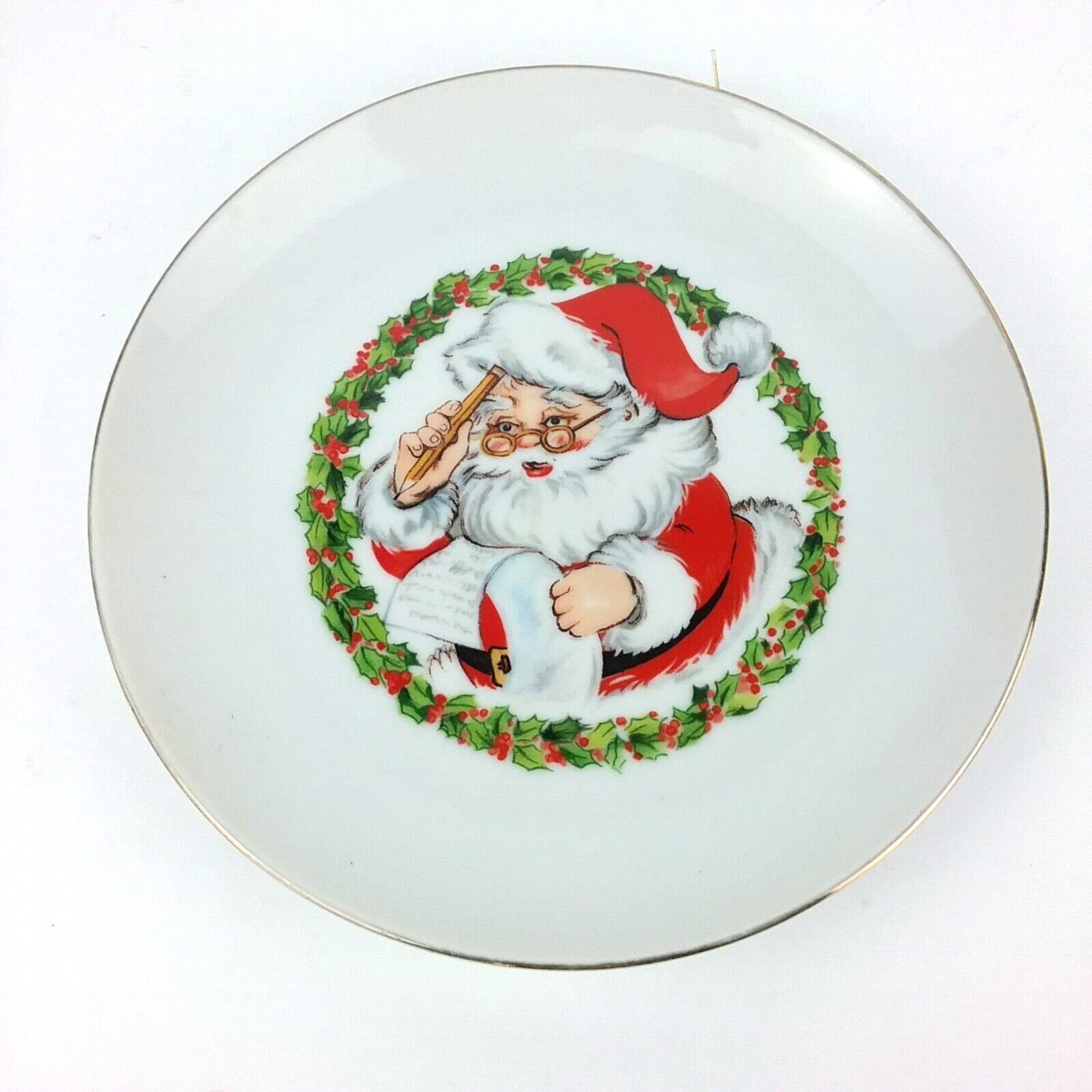 Jasco 1982 Christmas Plate 22K Gold Edged Fine Porcelain  Santa Checking List