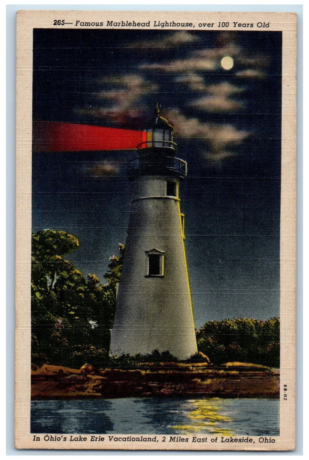 c1940's Lighthouse Moonlight Scene, Lake Erie Lakeside Ohio OH Postcard