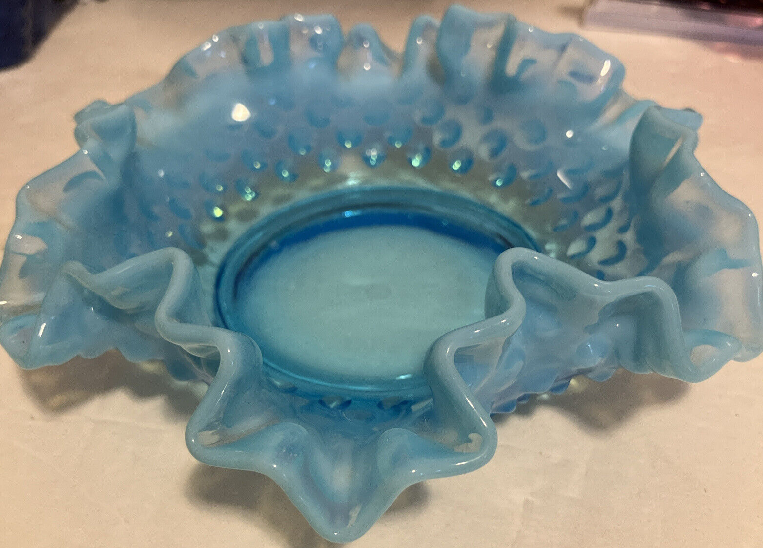 Vintage Fenton Blue Opalescent Hobnail Candy Shallow Dish Bowl Ruffled Edge