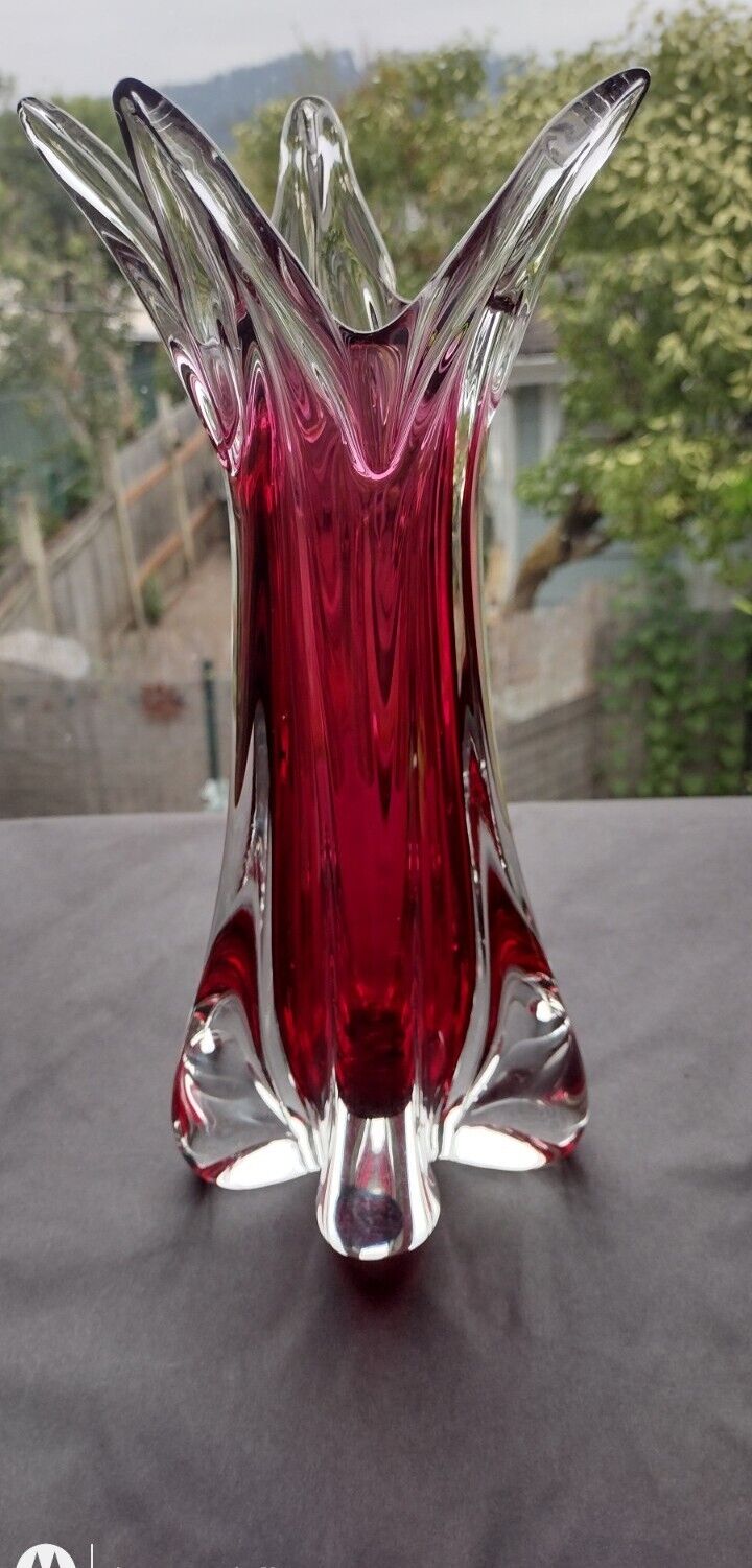Vintage 11.5 Bohemian/Czech Hand Made Art glass Vase Cranberry