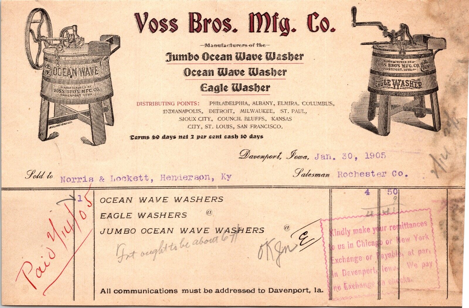 Voss Bros Mfg Davenport Iowa 1905 Billhead Ocean Wave & Eagle Washers Vignette