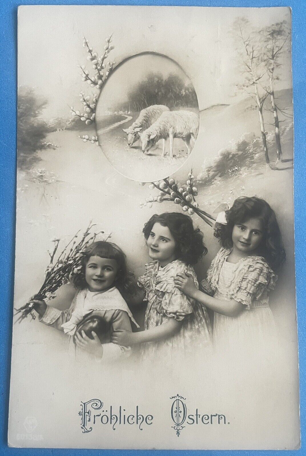 Vintage German RPPC Easter Postcard “Fröhliche Ostern” with Children and Lambs