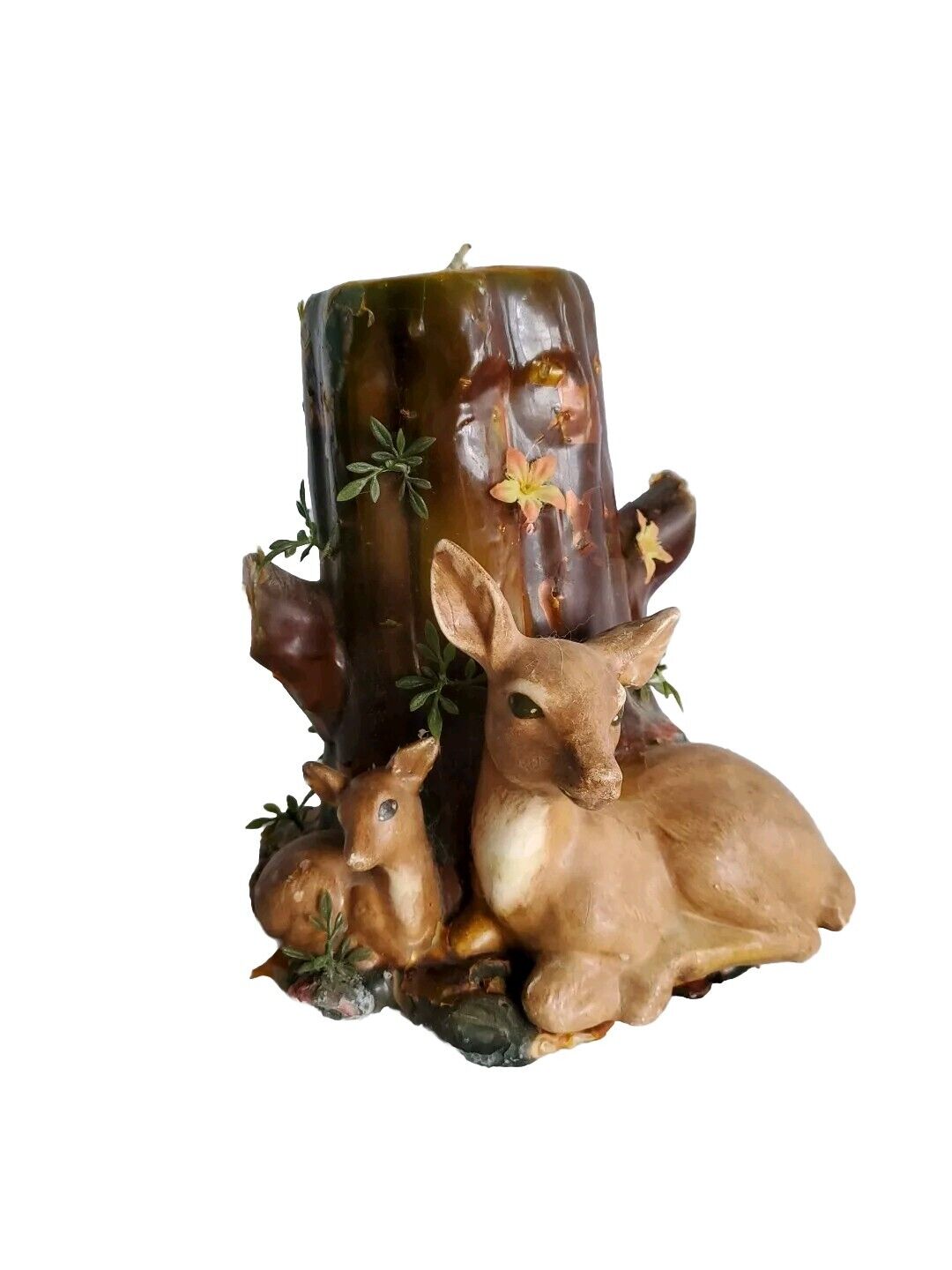 Vtg Wax Sculpted Candle Tree Stump With Deer & Foliage MCM Kitschy Cabin Hippie