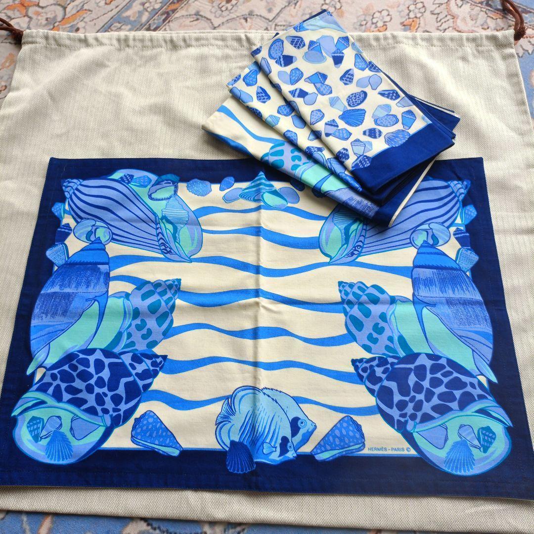 Hermès luncheon Place mat napkins set 4 pieces blue Sea shell pattern cotton
