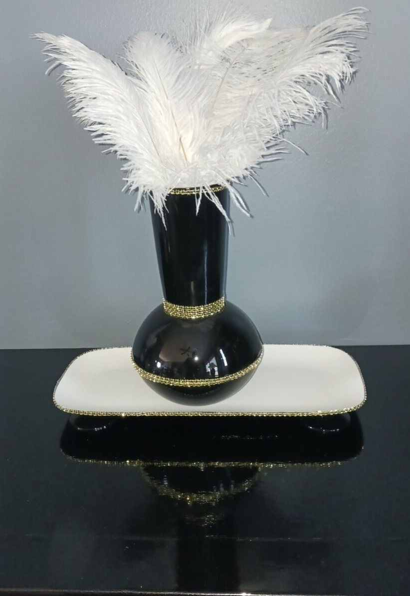 Handcrafted One-of-a-Kind Upcycled Black Gold Vase w/Black White Tray & Feathers