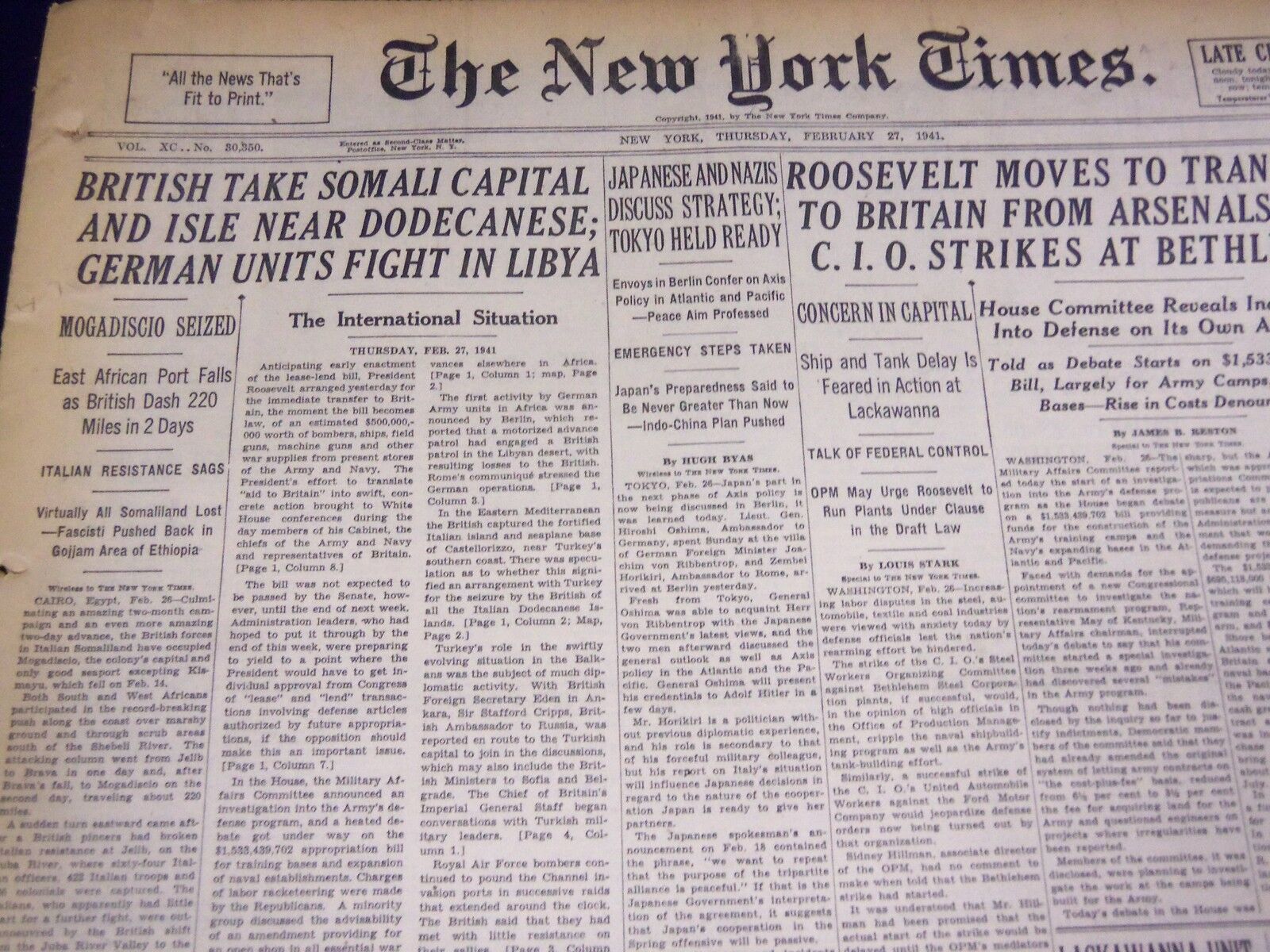 1941 FEBRUARY 27 NEW YORK TIMES - BRITISH TAKE SOMALI CAPITAL, STRIKE - NT 1386