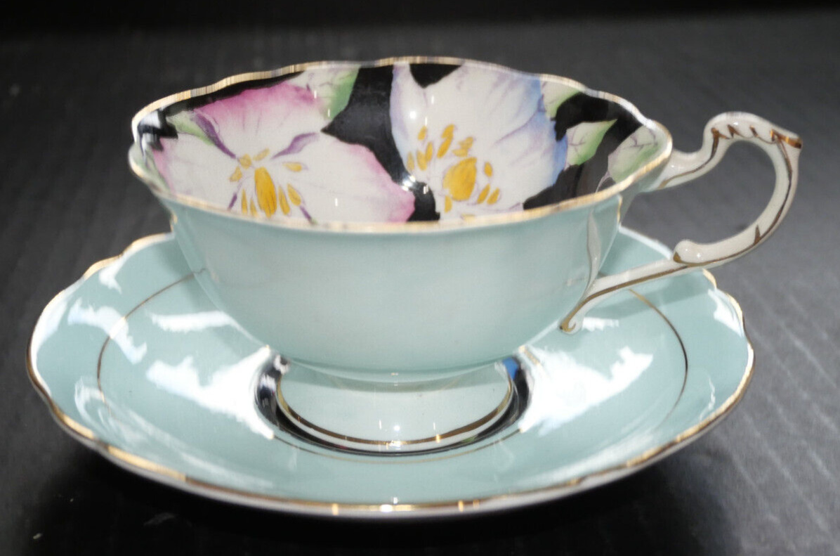 Paragon Bone China Cup & Saucer pastel green outer multi color inner England