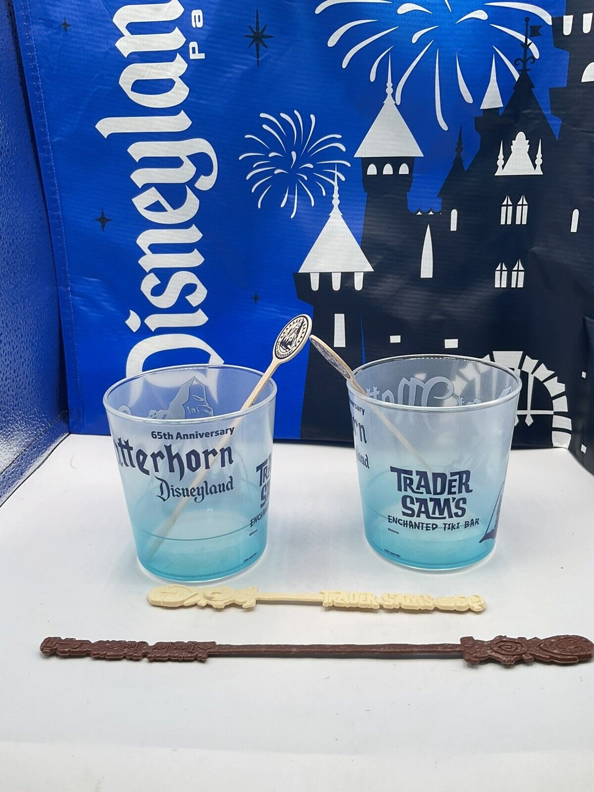 Disneyland Trader Sams Tiki Bar Matterhorn 65th Acrylic Cups (2) W/ Bags & Extra